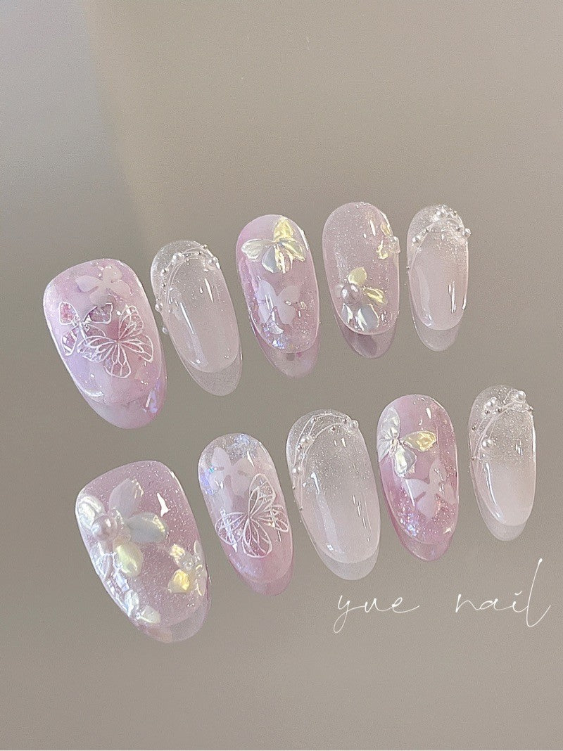 Pink Butterfly Flower Press On Nails Set