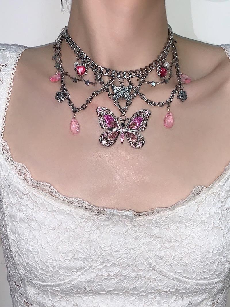 Pink Butterfly Pendant Tassel Layered Necklace Waist Chain