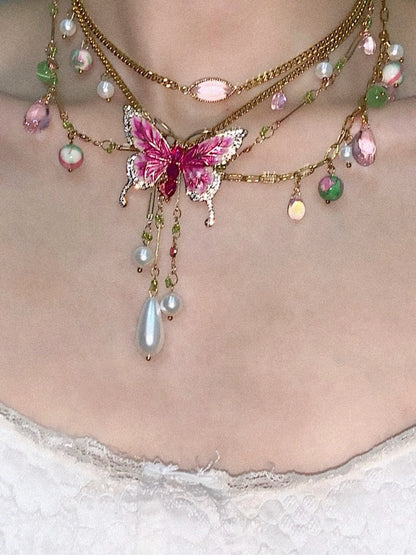 Pink Butterfly Pendant Tassel Layered Necklace Waist Chain