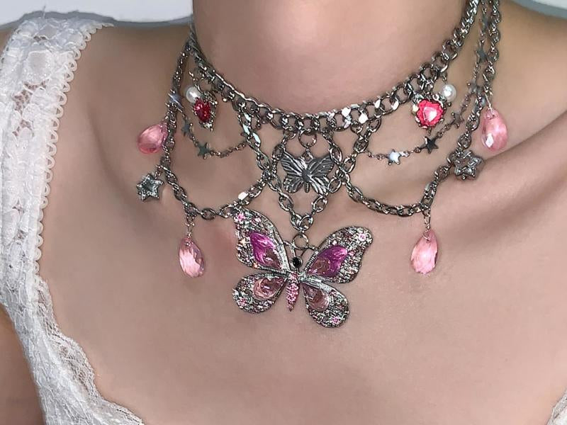 Pink Butterfly Pendant Tassel Layered Necklace Waist Chain