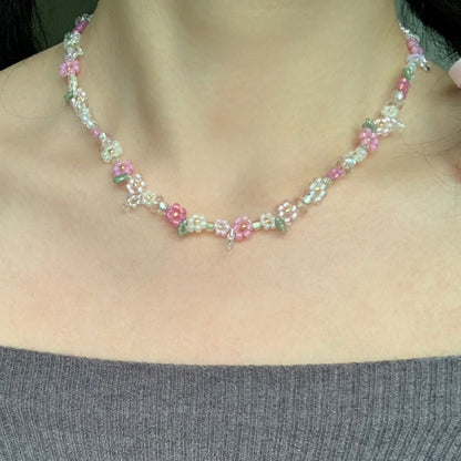 Pink Flower Bow Beaded Necklace