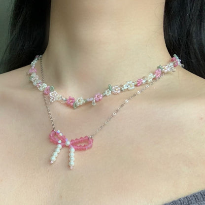 Pink Flower Bow Beaded Necklace