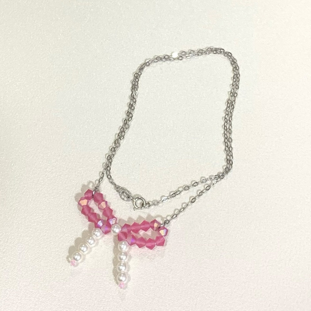 Pink Flower Bow Beaded Necklace