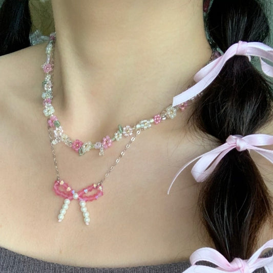 Pink Flower Bow Beaded Necklace