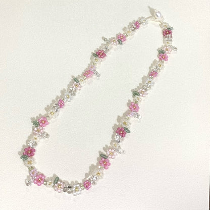 Pink Flower Bow Beaded Necklace