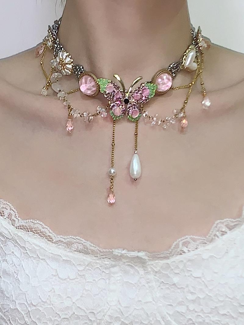 Pink Green Butterfly Tassel Choker