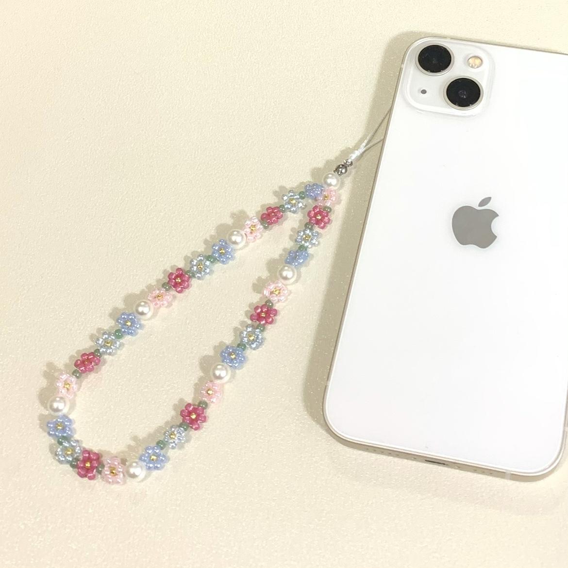 Pink and Blue Flower Beaded Phone Charm