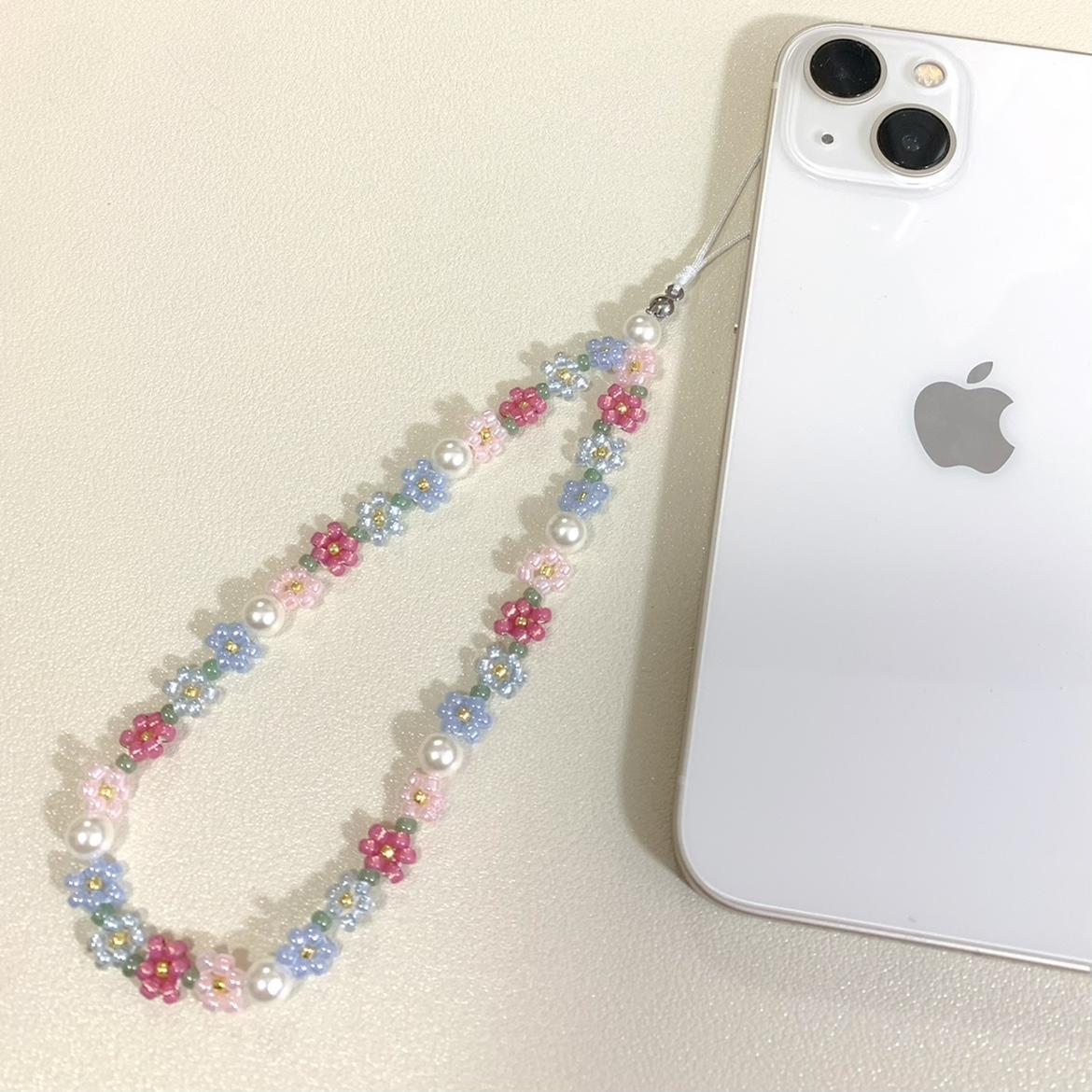 Pink and Blue Flower Beaded Phone Charm