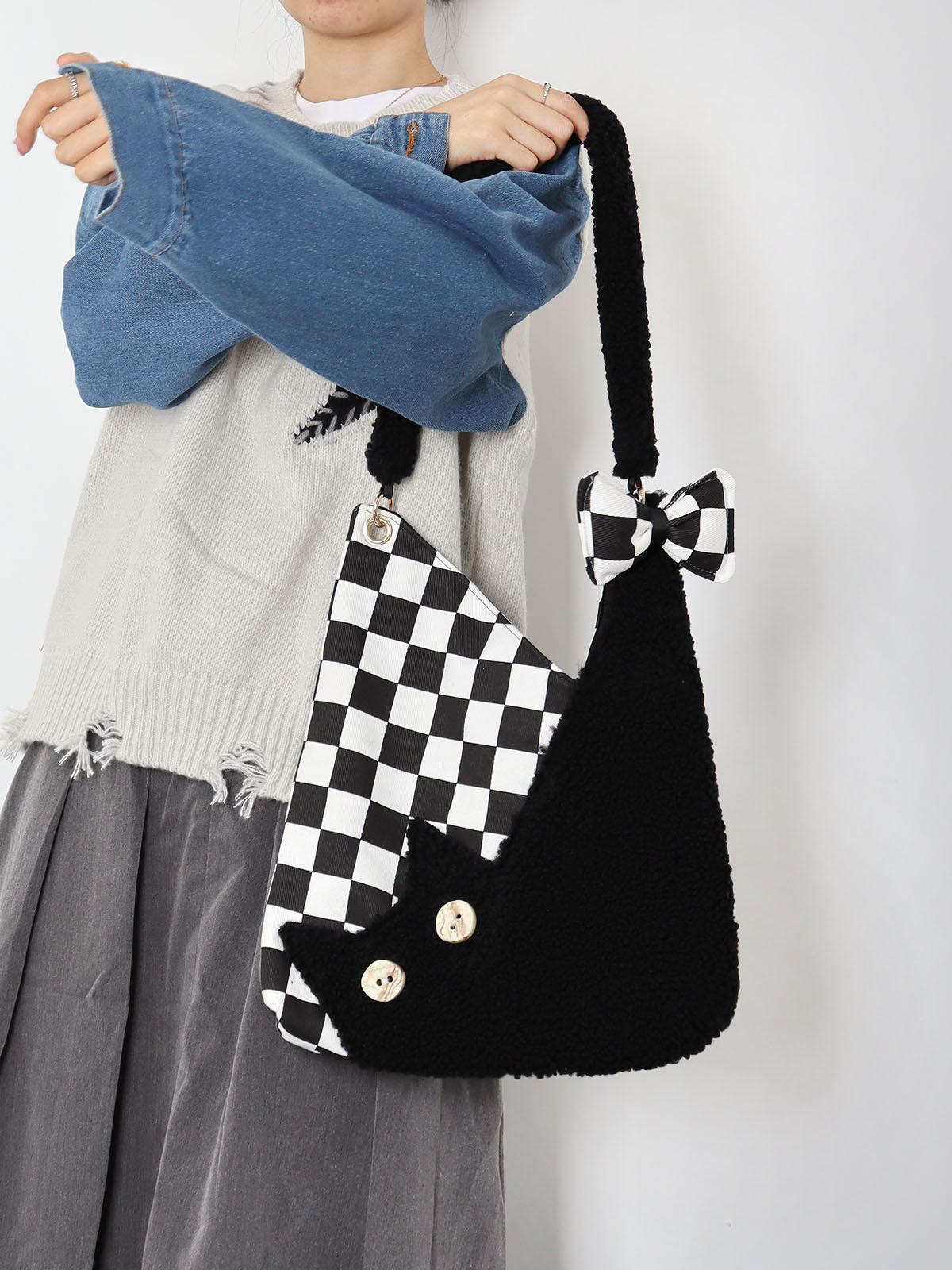 Plaid Cat Bow Shoulder Bag