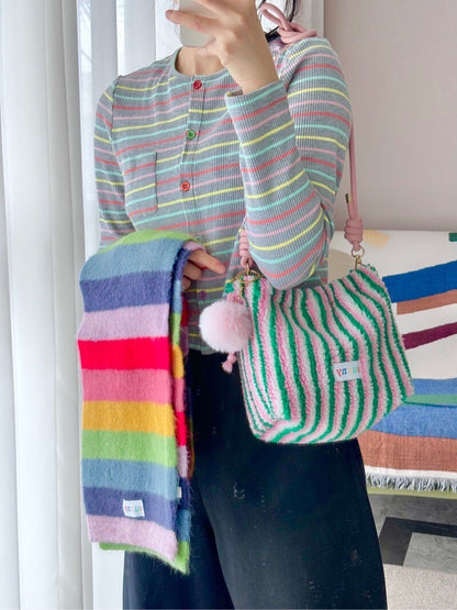 Plush Green Pink Striped Drawstring Crossbody Bag