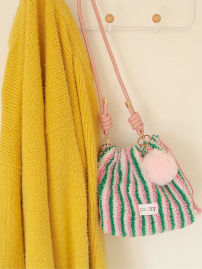 Plush Green Pink Striped Drawstring Crossbody Bag