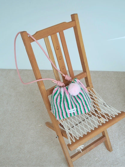 Plush Green Pink Striped Drawstring Crossbody Bag