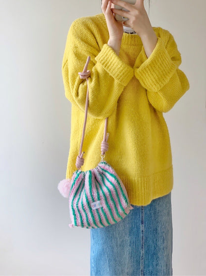 Plush Green Pink Striped Drawstring Crossbody Bag