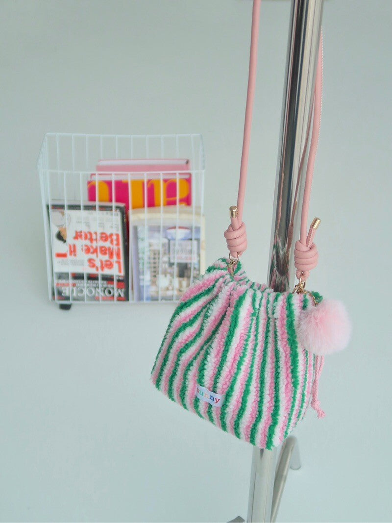 Plush Green Pink Striped Drawstring Crossbody Bag