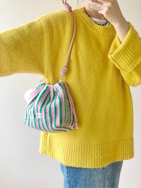 Plush Green Pink Striped Drawstring Crossbody Bag