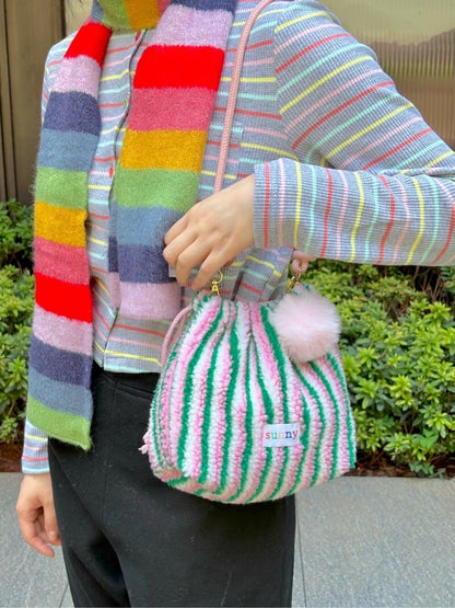 Plush Green Pink Striped Drawstring Crossbody Bag