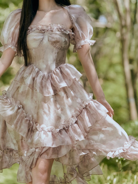 Princess Rose Ruffles Short Sleeves Tiered High-Low Midi Dress