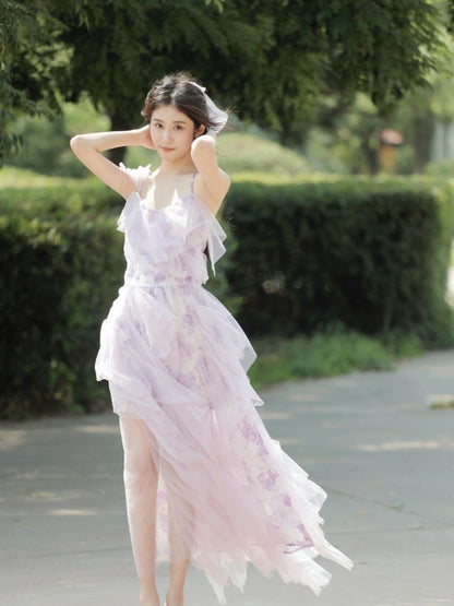 Purple Backless Ruffles Tiered Dress