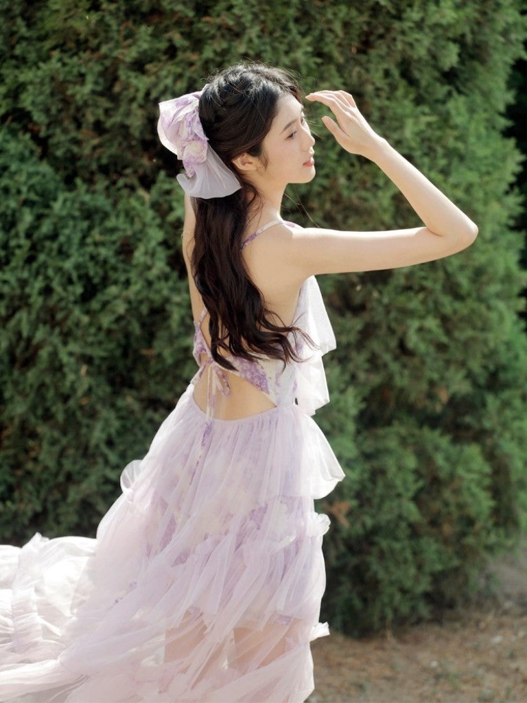 Purple Backless Ruffles Tiered Dress