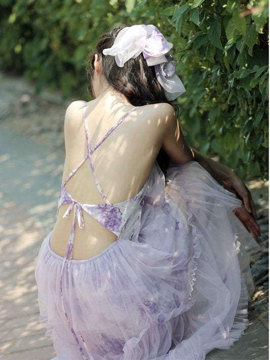 Purple Backless Ruffles Tiered Dress