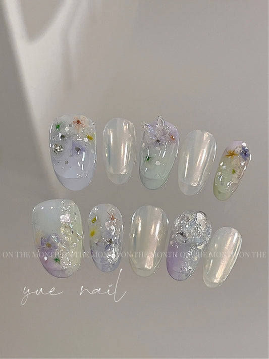 Purple Butterfly Dried Flower Press On Nails Set