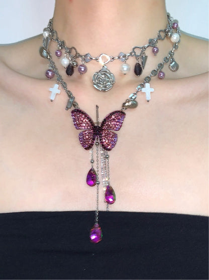 Purple Butterfly Flower Tassel Choker