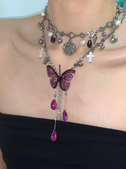 Purple Butterfly Flower Tassel Choker