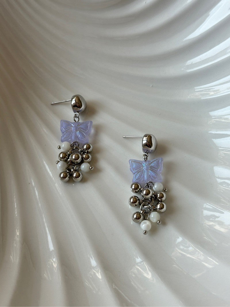 Purple Butterfly Silver Beaded Earrings