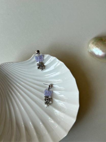 Purple Butterfly Silver Beaded Earrings