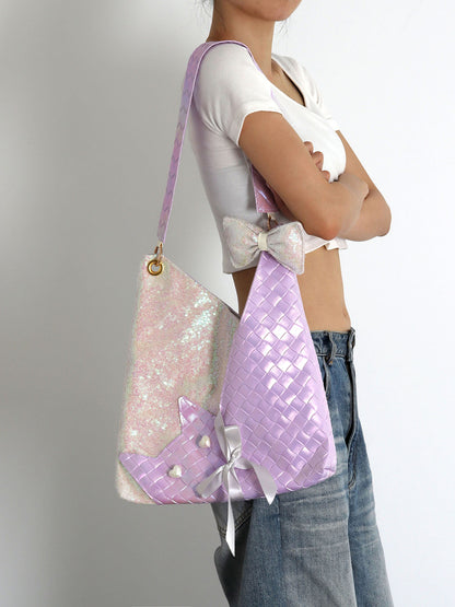 Purple Sequins Cat Bow Shoulder Bag