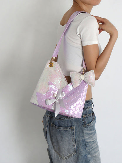 Purple Sequins Cat Bow Shoulder Bag