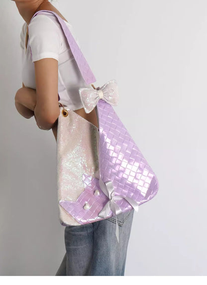 Purple Sequins Cat Bow Shoulder Bag