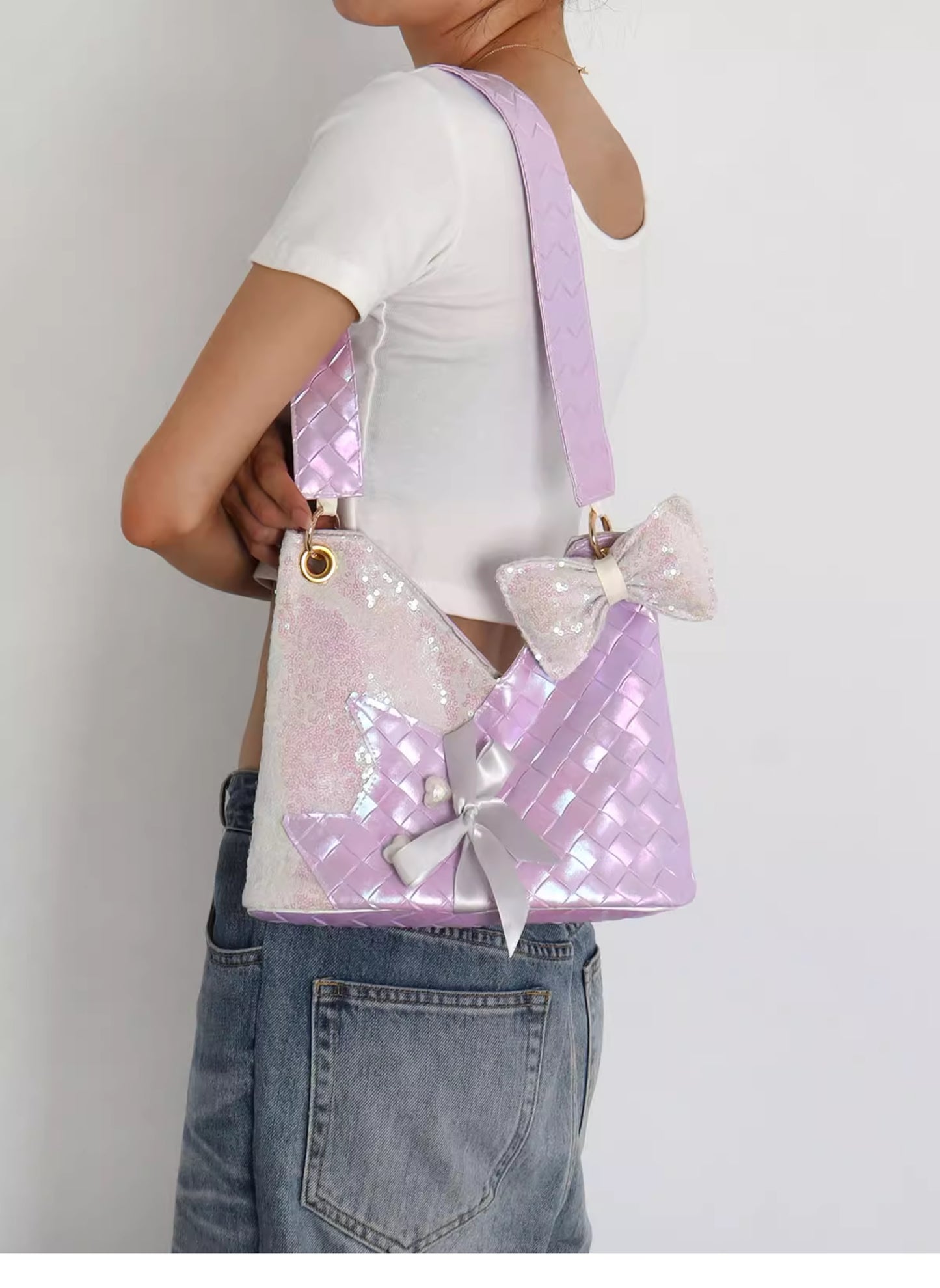 Purple Sequins Cat Bow Shoulder Bag