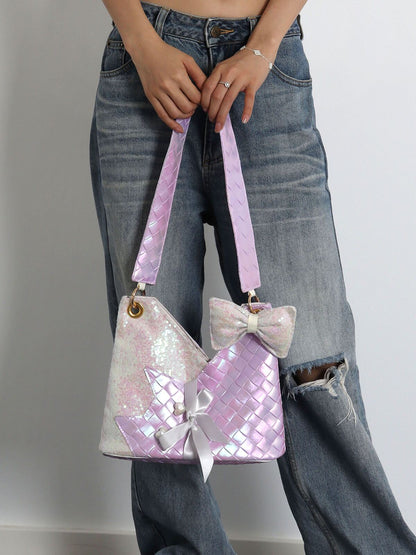 Purple Sequins Cat Bow Shoulder Bag