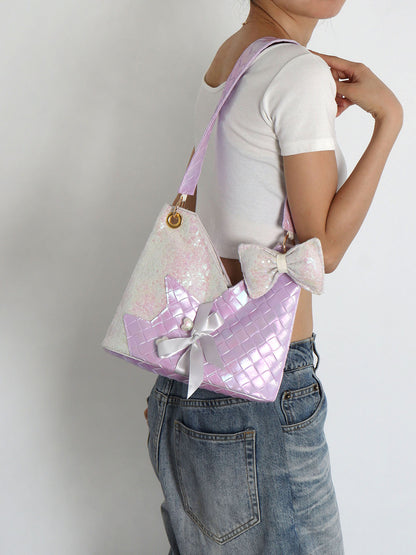 Purple Sequins Cat Bow Shoulder Bag