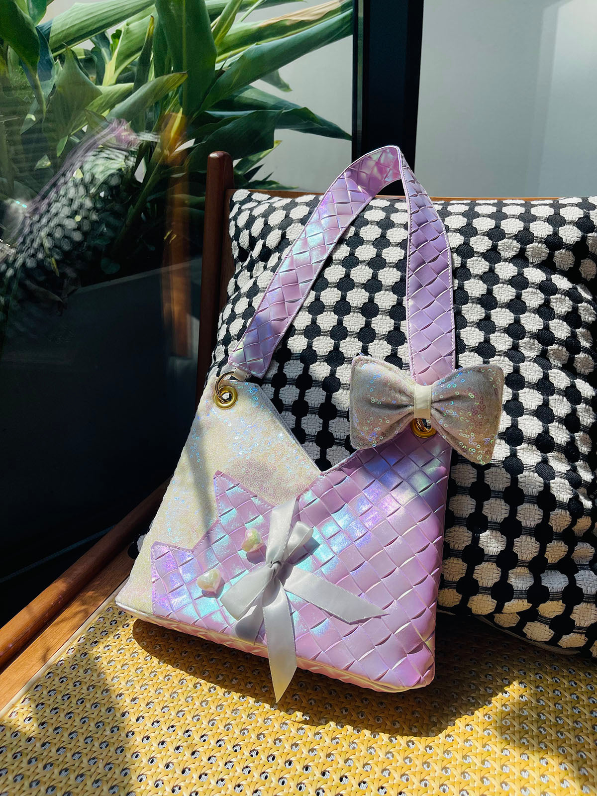 Purple Sequins Cat Bow Shoulder Bag