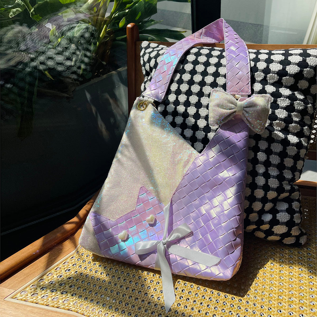 Purple Sequins Cat Bow Shoulder Bag