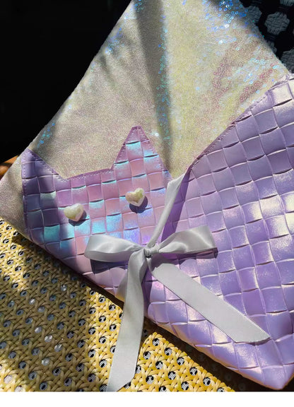 Purple Sequins Cat Bow Shoulder Bag