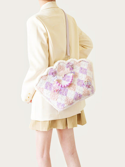 Purple Shell-Shaped Plush Beaded Shoulder Bag