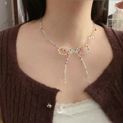 Rainbow Bubble Bow Beaded Necklace