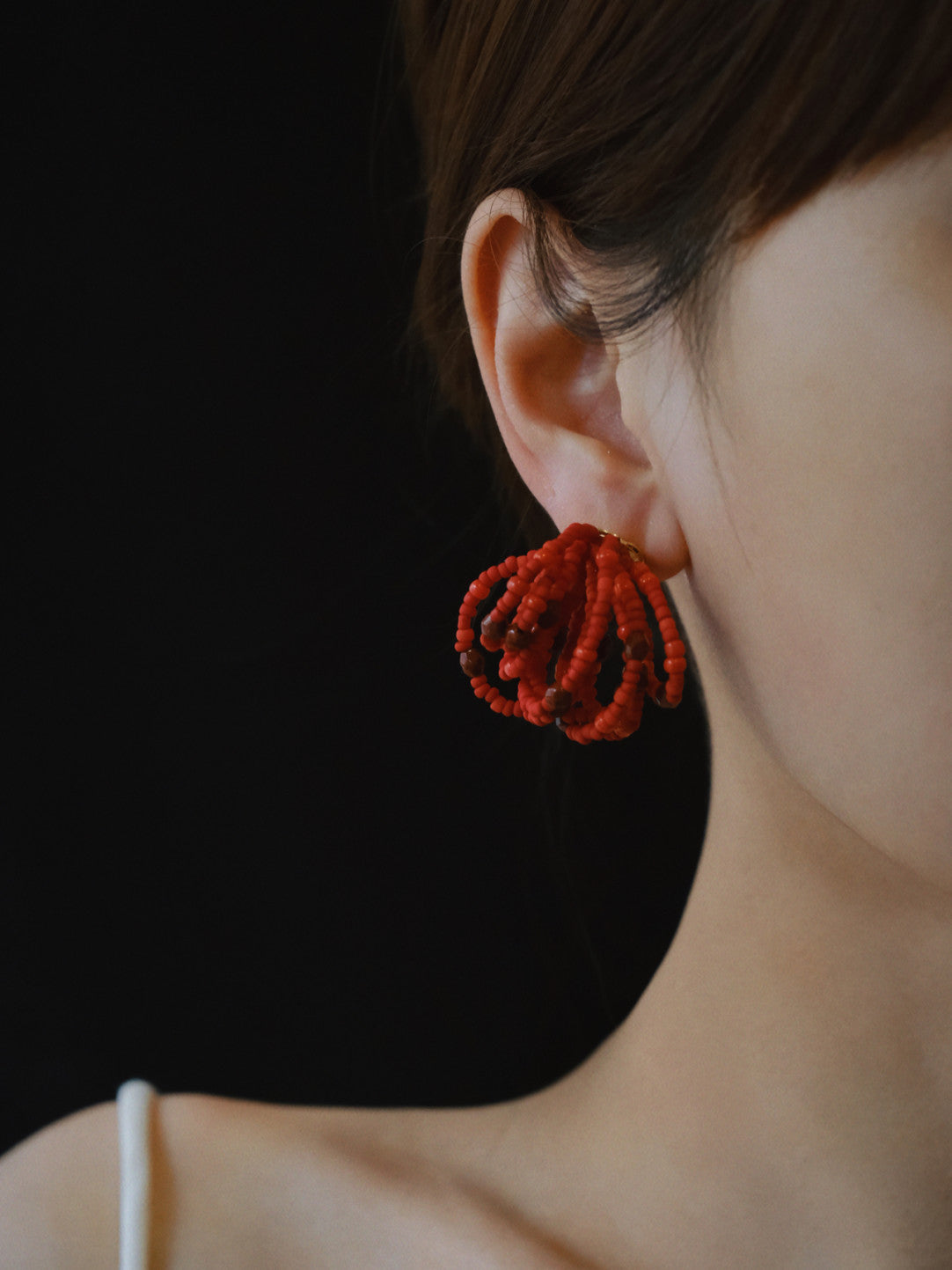 Red Beaded Hoops Earrings