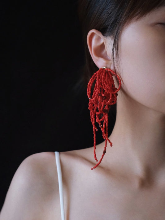Red Beaded Hoops Earrings