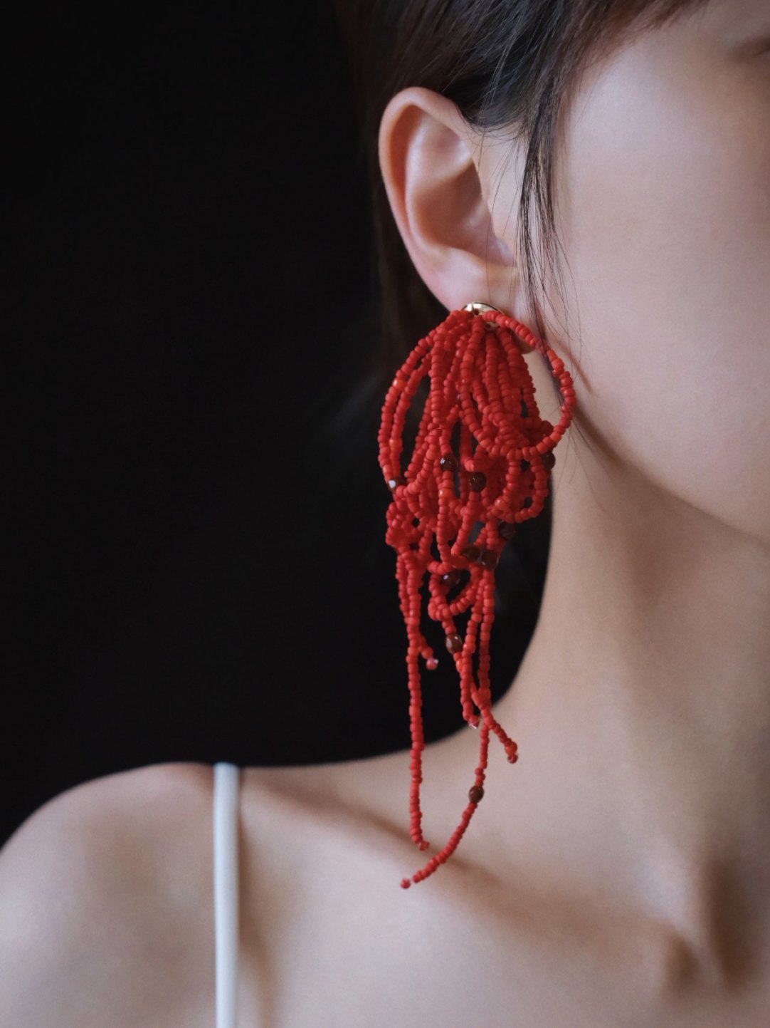 Red Beaded Hoops Earrings