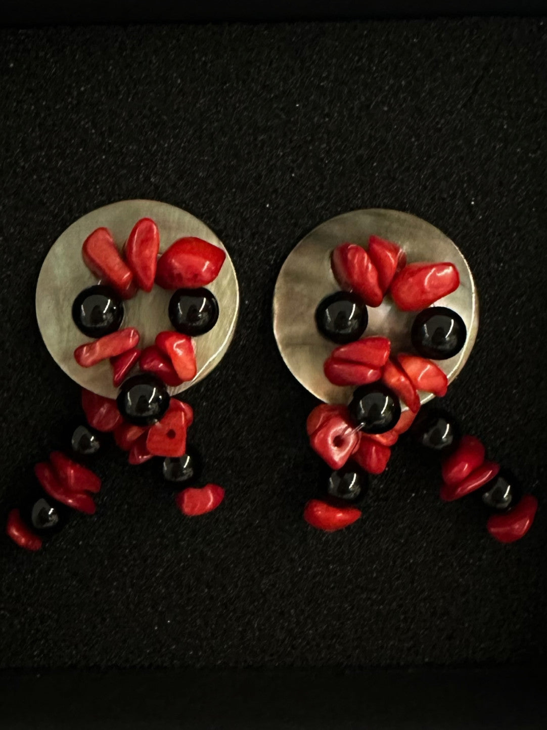 Red Black Beaded Disc Shell Earrings