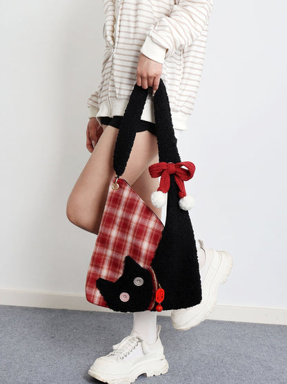 Red Plaid Plush Cat Bow Shoulder Bag