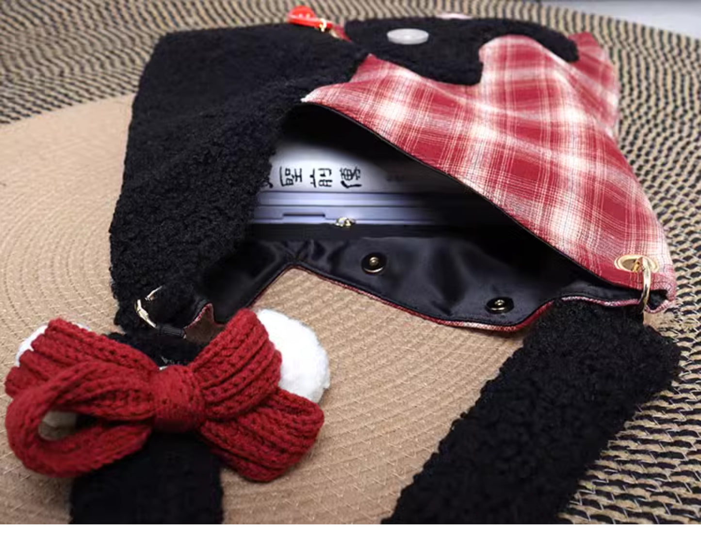 Red Plaid Plush Cat Bow Shoulder Bag