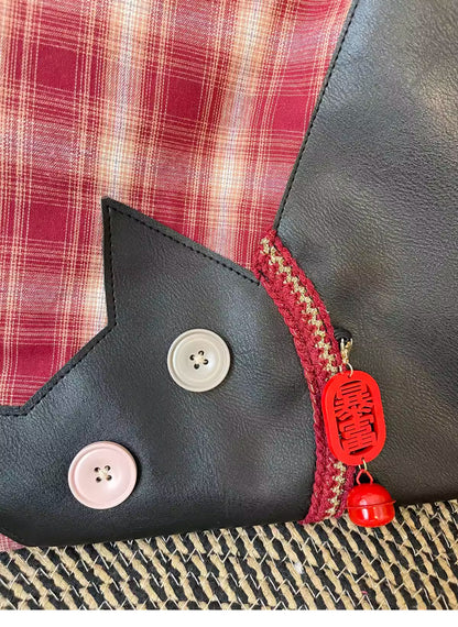 Red Plaid Plush Cat Bow Shoulder Bag