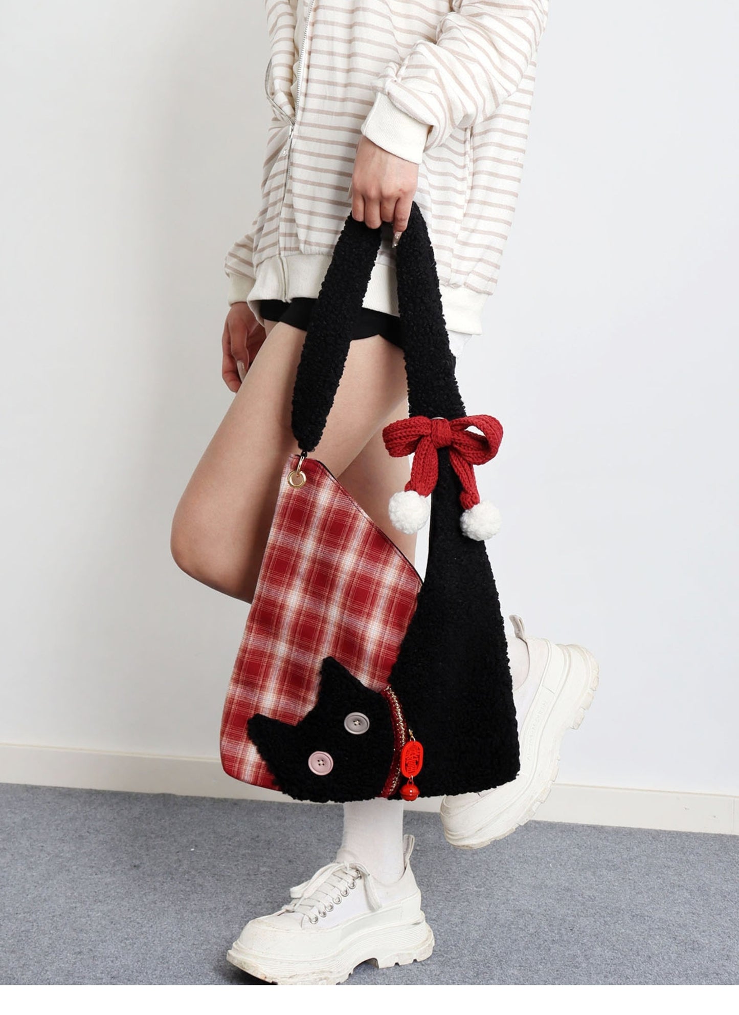 Red Plaid Plush Cat Bow Shoulder Bag