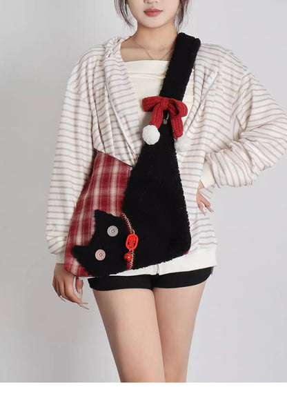 Red Plaid Plush Cat Bow Shoulder Bag