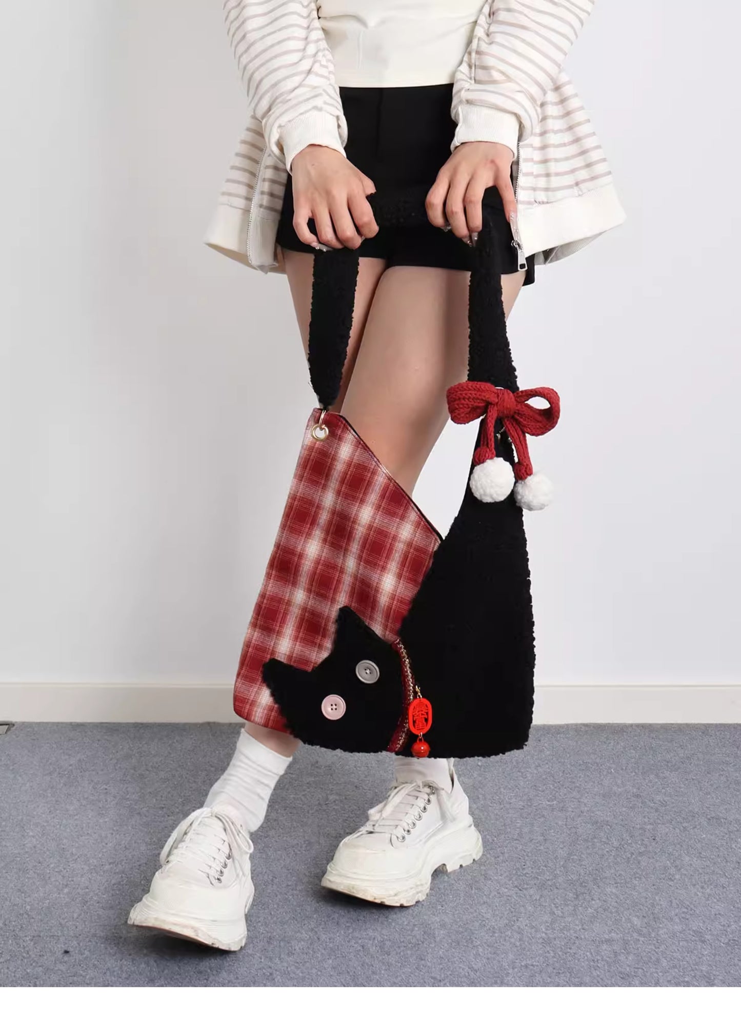 Red Plaid Plush Cat Bow Shoulder Bag